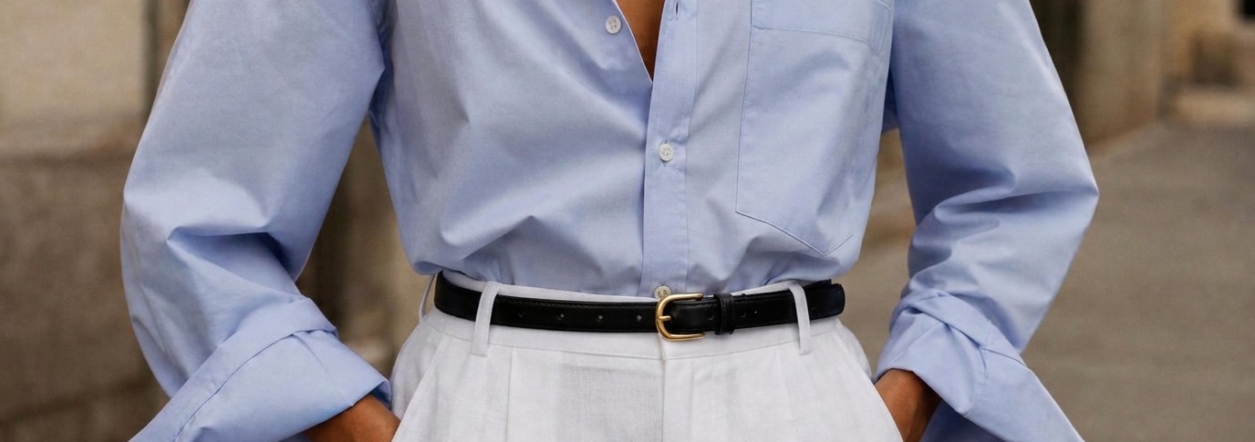 Close-up of an oversized light blue cotton shirt with gold and pearl necklaces, a slim black belt and white linen trousers